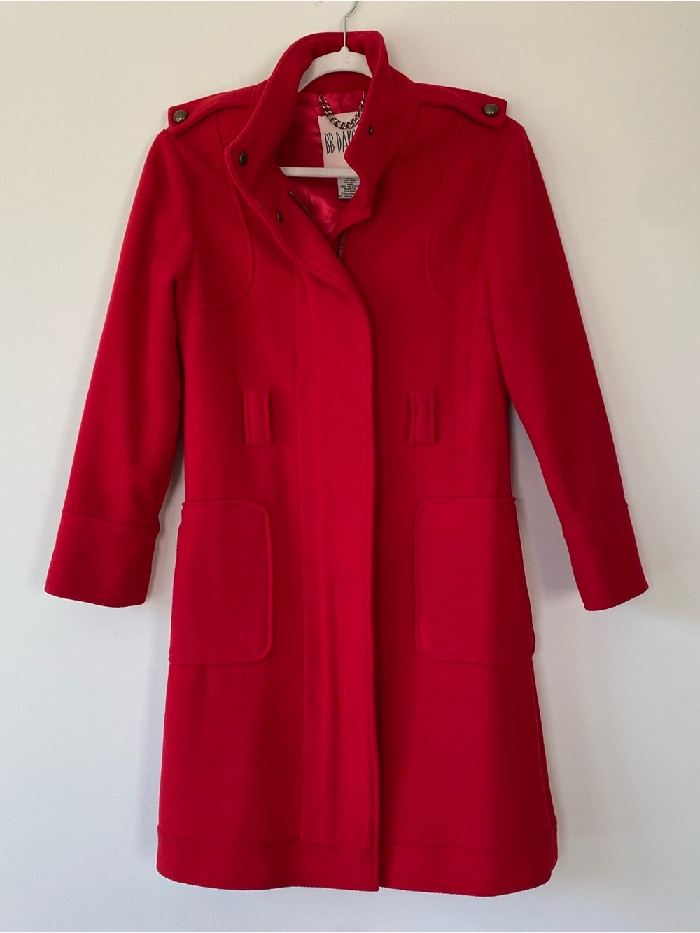 BB Dakota Red Mid Length Wool Blend Coat Stand Up Collar MISSING BELT Size S